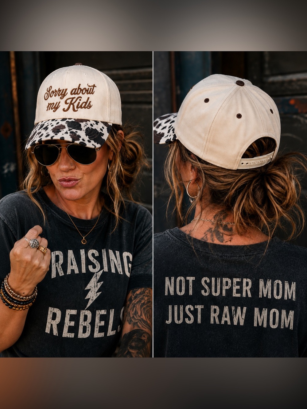 🆕 Sorry About My Kids Cow Print Snapback Hat | Western Mom Cap | NWT - Picture 2 of 3